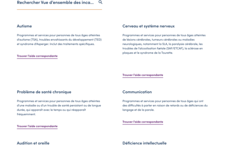 Capture d'écran de la page Handicaps et conditions